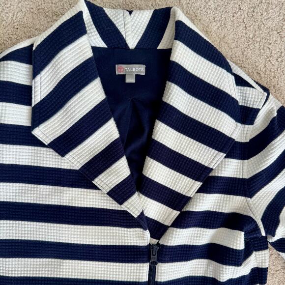 T Talbots Navy White Striped Preppy Nautical Asymmetrical Zip Moto Jacket Small - Picture 5 of 13